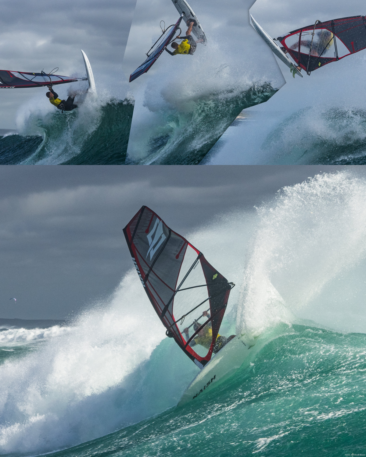 Oben: Wave 360 von Julian Salmonn. Darunter ein Cutback von Julian mit viel Spray.