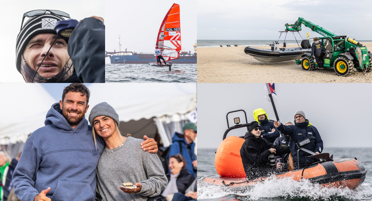 Im Uhrzeigersinn: Der Wind im Blick der PWA-Race-Crew, Saugbaggerboot (?), Schlauchboottransport, Matteo Iachino und Blanca Alabau, Crew-Boot