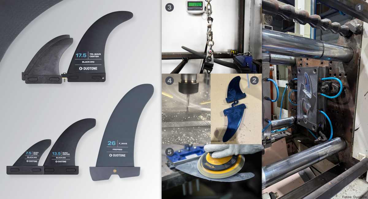 (1) Spritzguss von Carbo-Tech Slot-Finnen. (2) Spritzguss-Finnen-Rohling (3) Belastungstest (4) CNC Fräse (5) Schleifen