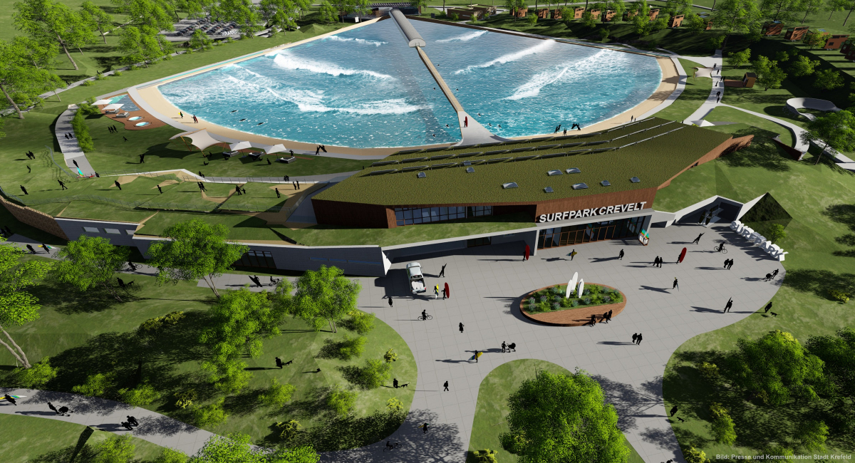 Das Rendering zeigt die Wunschvorstellung vom Surfpark in Krefeld. Die Abbildung wurde von der Stadt Krefeld zur Verfügung gestellt.