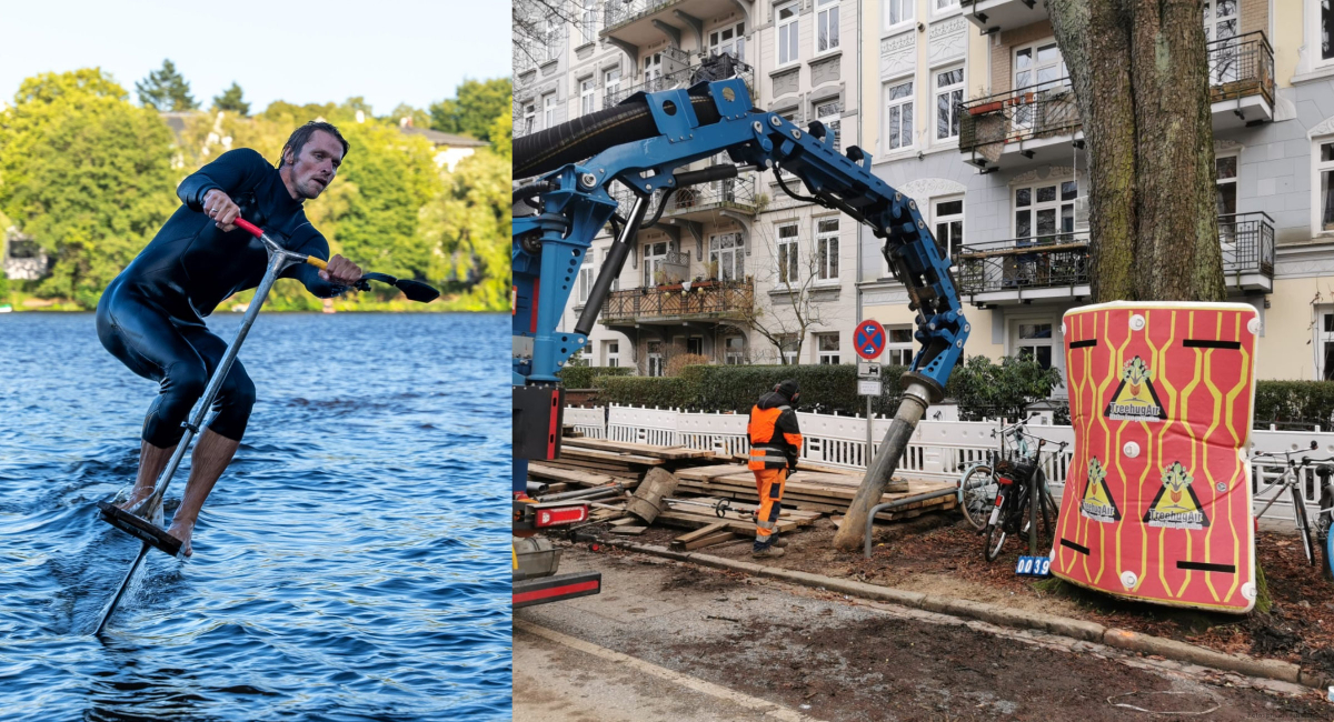 Die Baumschutzmatte TreehuggAir setzt auf aufblasbare Elemente. Links: Malte experimentiert auch beim Wassersport gerne.