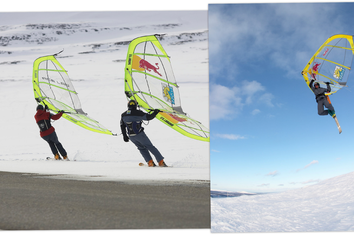 Mit Kitewing und Ski auf Schnee