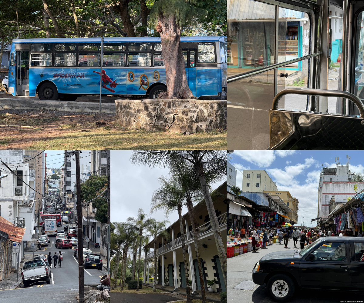 Die Linienbusse sind oft individuell bemalt und sehr günstig. Besonders der urbane Raum zeigt auf engem Raum, dass Mauritius nicht nur ein einziges Postkartenidyll ist. Unten links und rechts: Die Hauptstadt Port Louis, die per Bus von Blue Bay in etwa zw